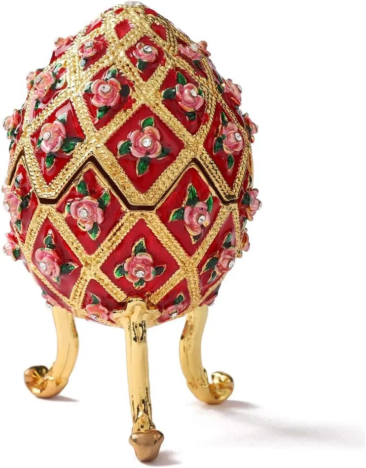 Easter Egg Style Flower Enamel Jewelry Trinket Box Hinged Victorian Ornaments Gift for Home Decor (Red)