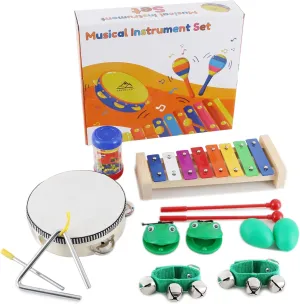 EASTROCK 13 Pcs Musical Instruments Set,Best Gifts for Children,Include Tambourine,Xylophone,Triangle Instrument,Egg Shakers,Castanets,Wrist Bells,Rain Column