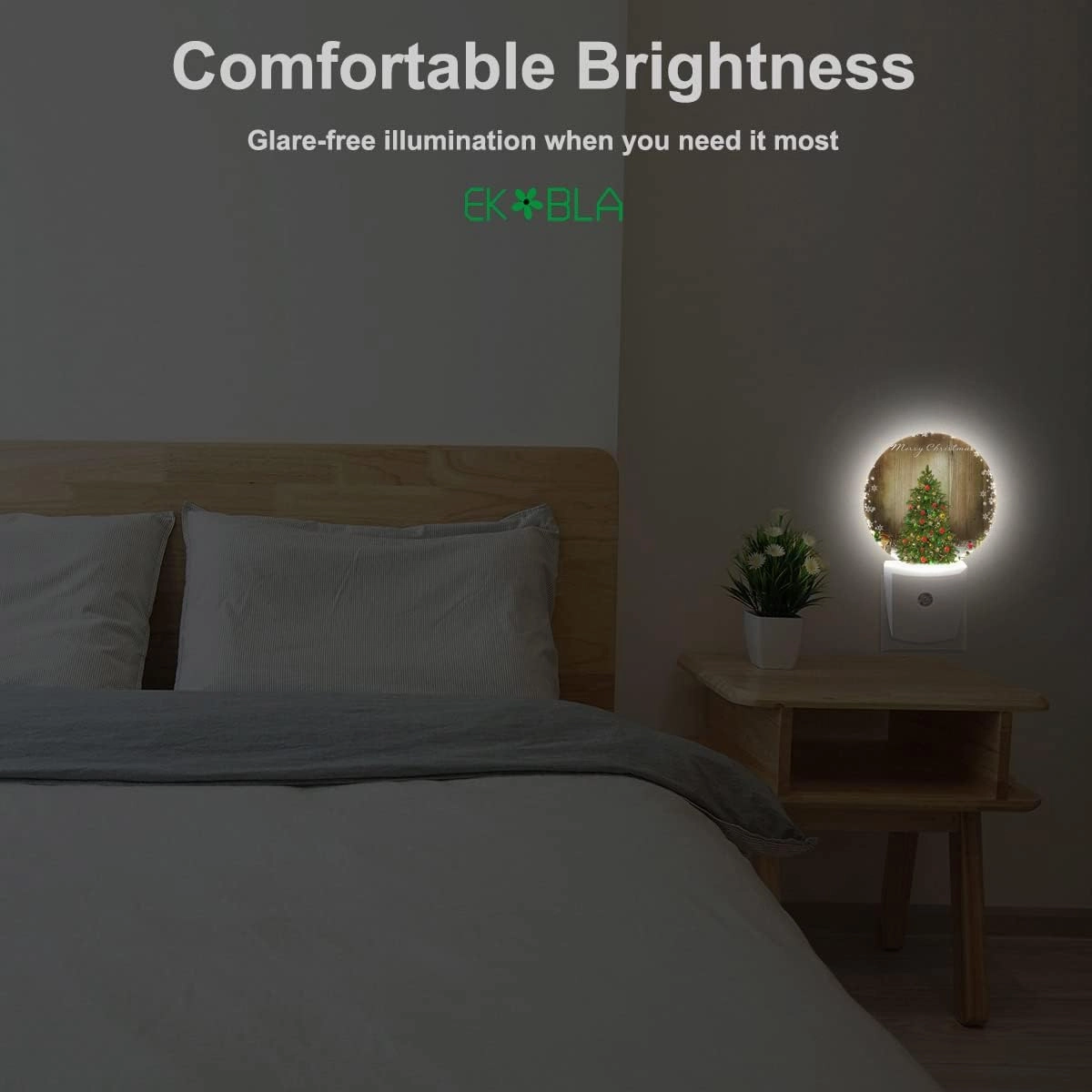 EKOBLA Winter Green Christmas Tree Night Lights Plug into Wall Holiday Presents Gift Boxes Snowflakes Night Lamp Auto Sensor LED Dusk to Dawn Light for Boys Girls Men Women