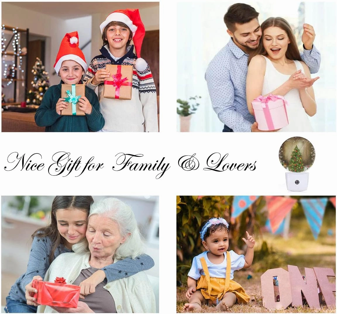 EKOBLA Winter Green Christmas Tree Night Lights Plug into Wall Holiday Presents Gift Boxes Snowflakes Night Lamp Auto Sensor LED Dusk to Dawn Light for Boys Girls Men Women