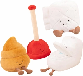 ELAINREN 4 Pieces Cartoon Plush Bathroom Pretend Play Set - Stuffed Toilet Plunger and Toilet Bowl Models with Plush Toilet Paper and Plushie Poop