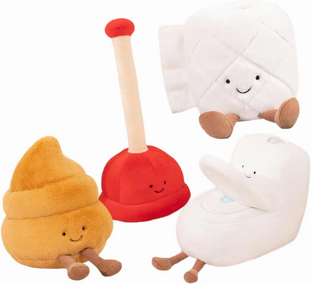 ELAINREN 4 Pieces Cartoon Plush Bathroom Pretend Play Set - Stuffed Toilet Plunger and Toilet Bowl Models with Plush Toilet Paper and Plushie Poop
