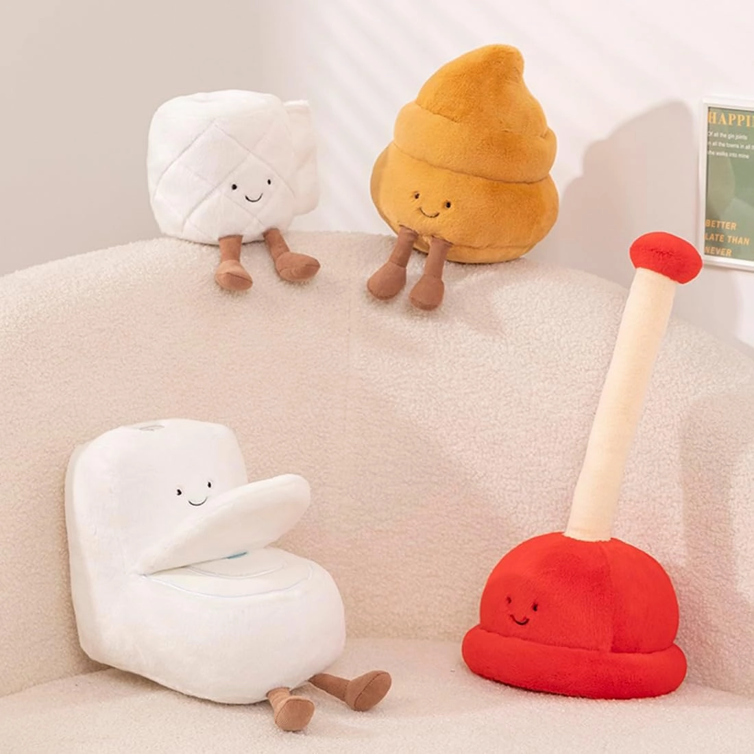 ELAINREN 4 Pieces Cartoon Plush Bathroom Pretend Play Set - Stuffed Toilet Plunger and Toilet Bowl Models with Plush Toilet Paper and Plushie Poop