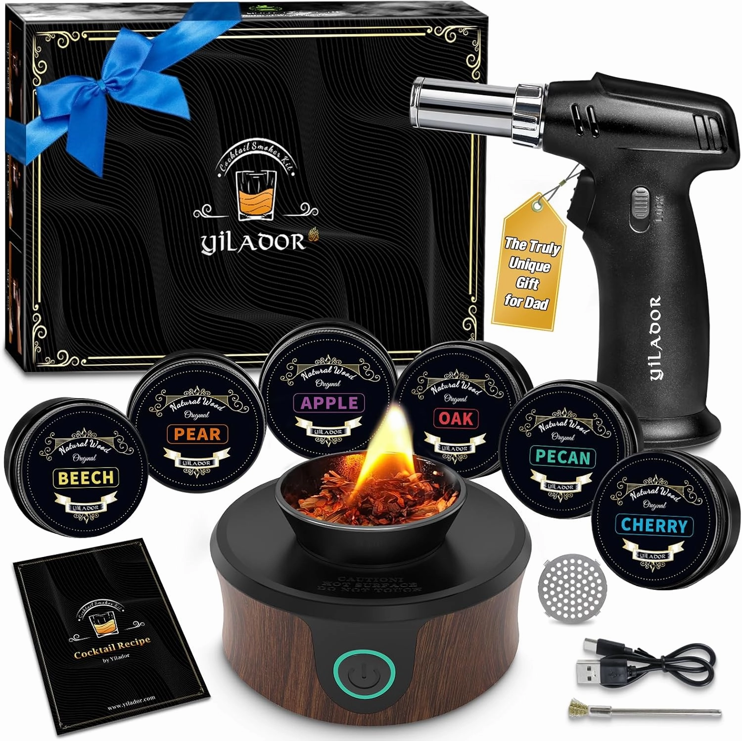 Electric Whiskey Smoker Kit with Torch, Father's Day Gifts for Dad, 6 Wood Chips, Infuse Smoky Flavors in Old Fashioned & Bourbon Cocktails, Unique Whiskey Gifts for Men, Husband (No Butane)