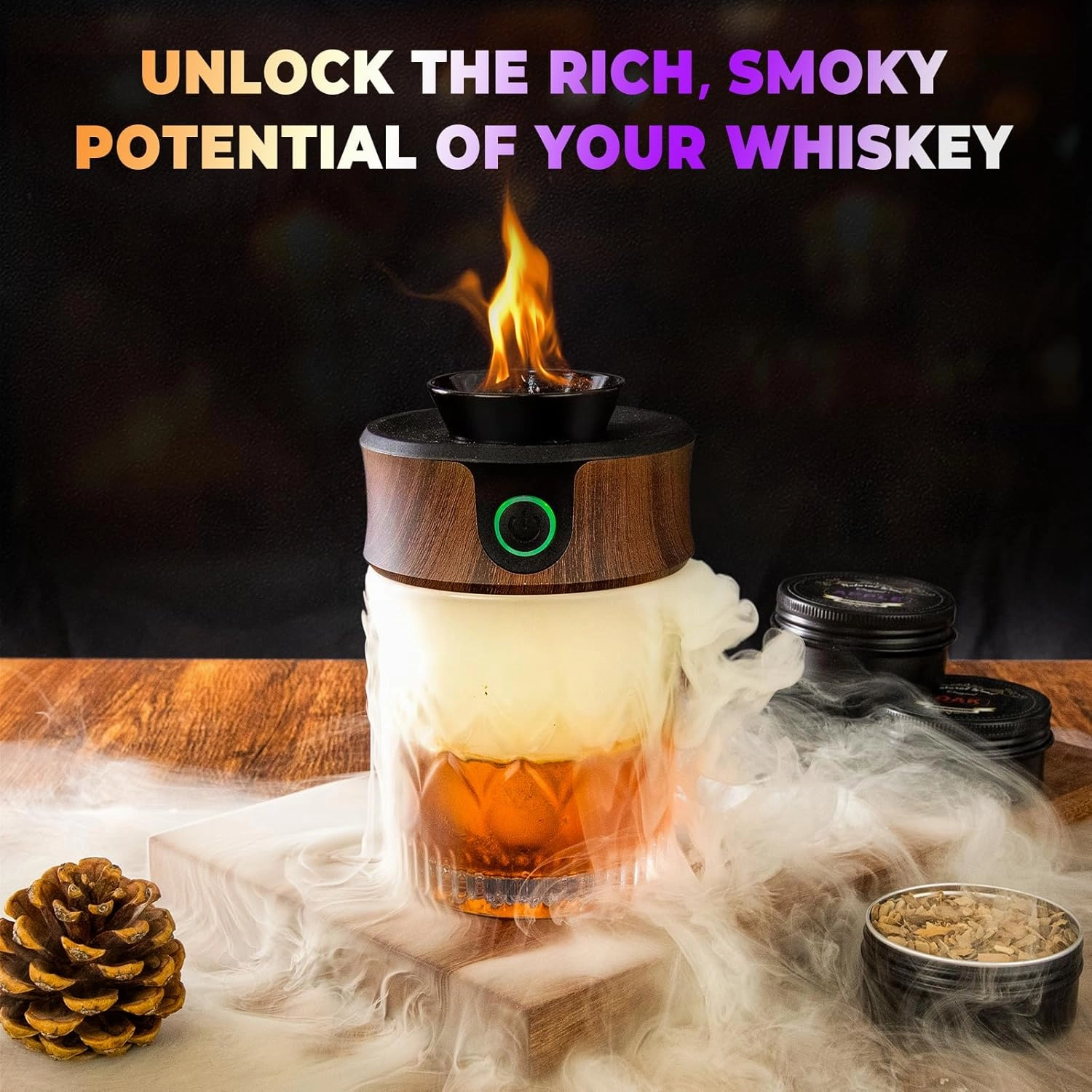 Electric Whiskey Smoker Kit with Torch, Father's Day Gifts for Dad, 6 Wood Chips, Infuse Smoky Flavors in Old Fashioned & Bourbon Cocktails, Unique Whiskey Gifts for Men, Husband (No Butane)