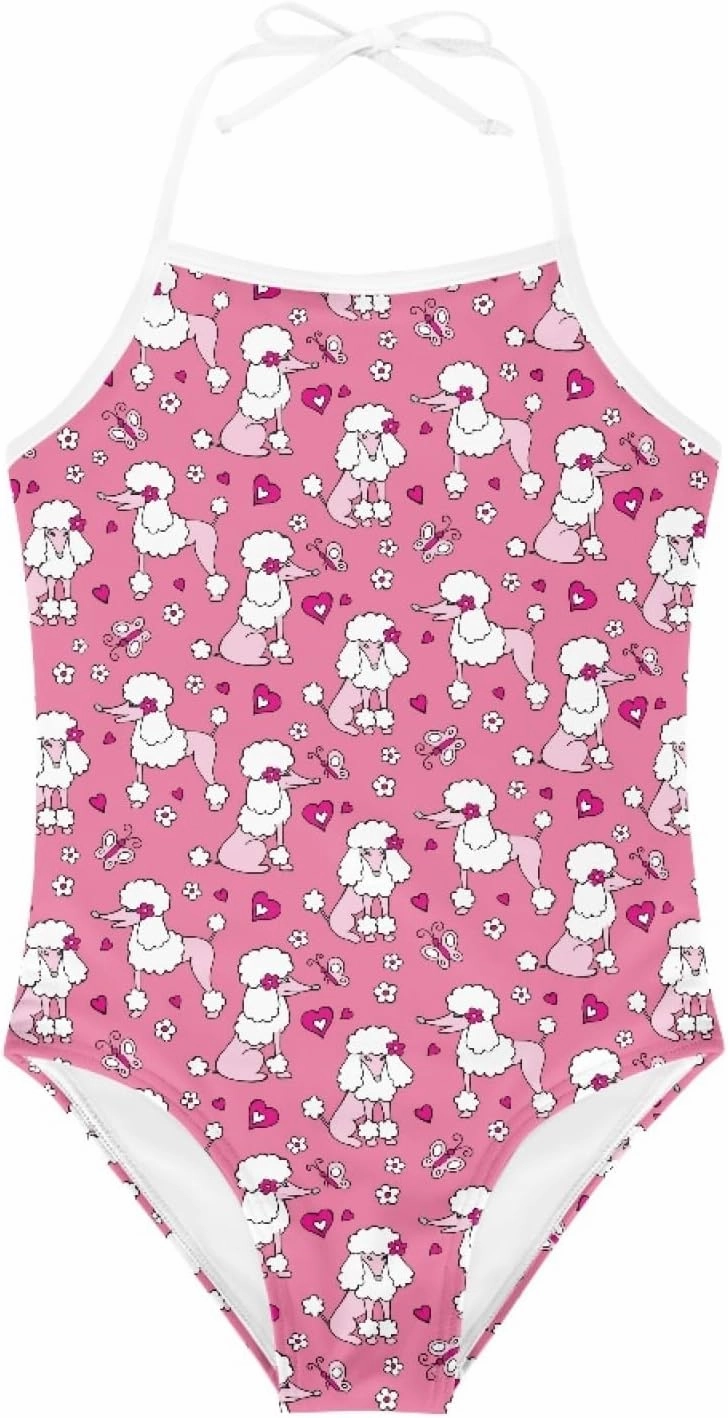 Elegant Pink Poodle Girls One Piece Swimsuits Beach Bathing Suit Little Kids Cute Quick Dry Swimwear 1-10 Years