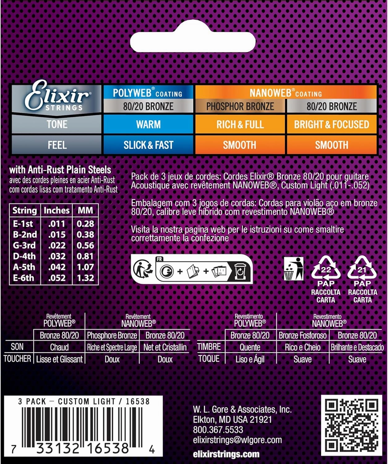 Elixir Strings, Acoustic Guitar Strings, 80/20 Bronze with NANOWEB Coating, Longest-Lasting Bright and Focused Tone with Comfortable Feel, 6 String Set, 3 Pack, Custom Light 11-52
