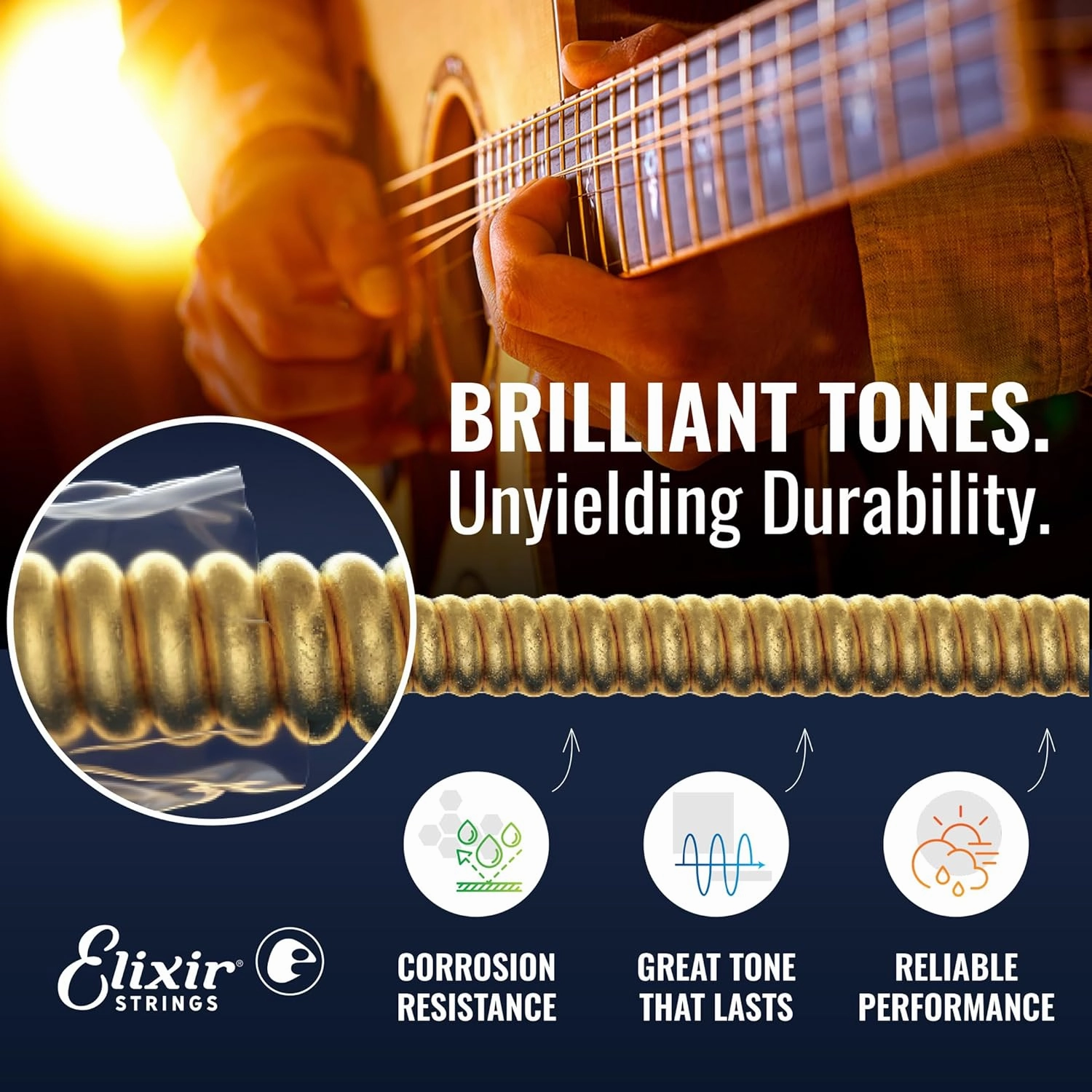Elixir Strings, Acoustic Guitar Strings, 80/20 Bronze with NANOWEB Coating, Longest-Lasting Bright and Focused Tone with Comfortable Feel, 6 String Set, 3 Pack, Custom Light 11-52