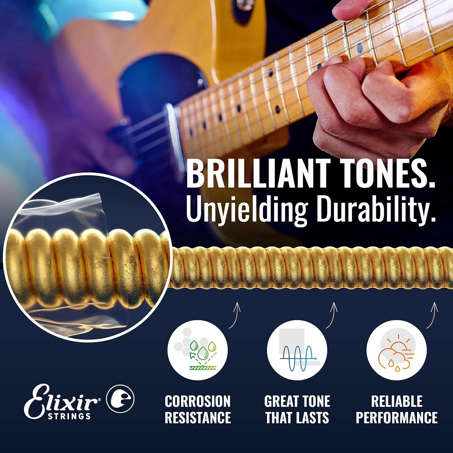 Elixir Strings, Electric Guitar Strings, Nickel Plated Steel with NANOWEB Coating, Longest-Lasting Bright Tone with Comfortable Feel, 6 String Set, Light/Heavy 10-52