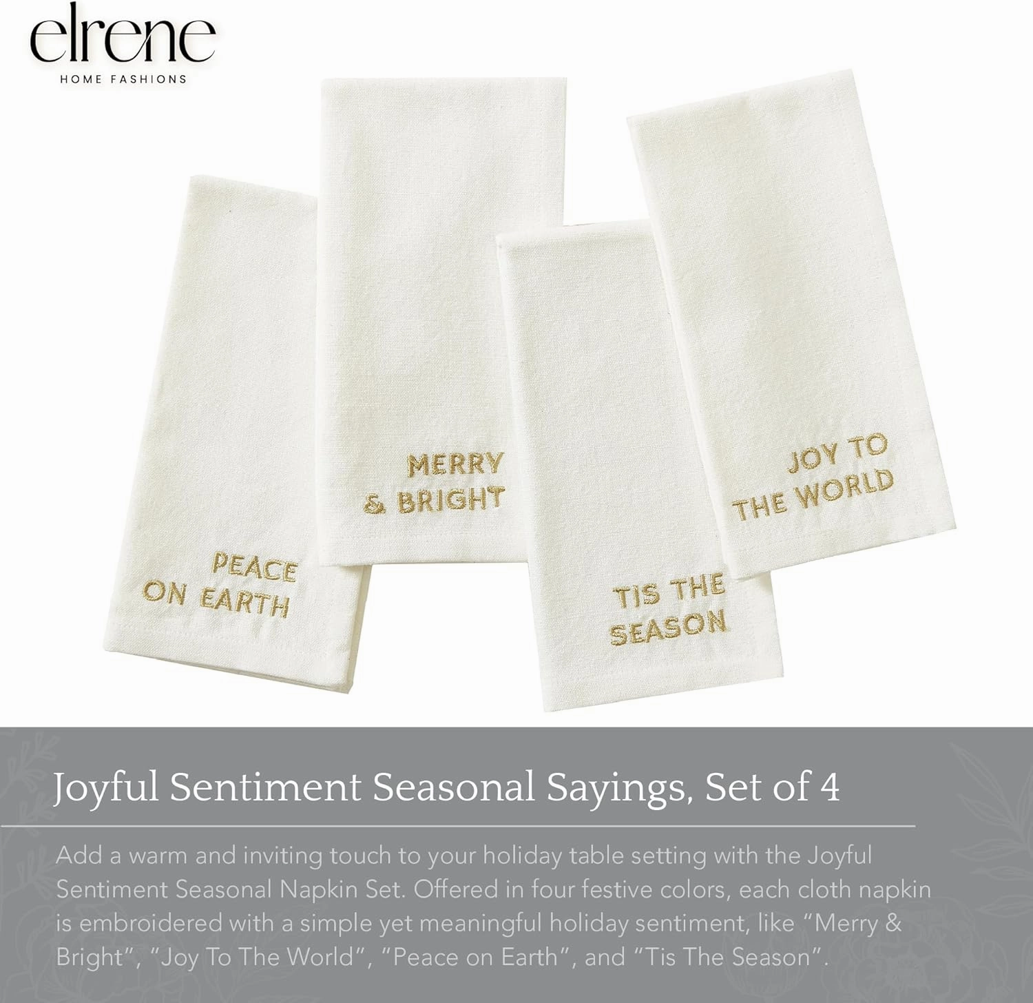 Elrene Home Fashions Joyful Holiday Sentiment Embroidered Napkins, Set of 4, 17"x17", White