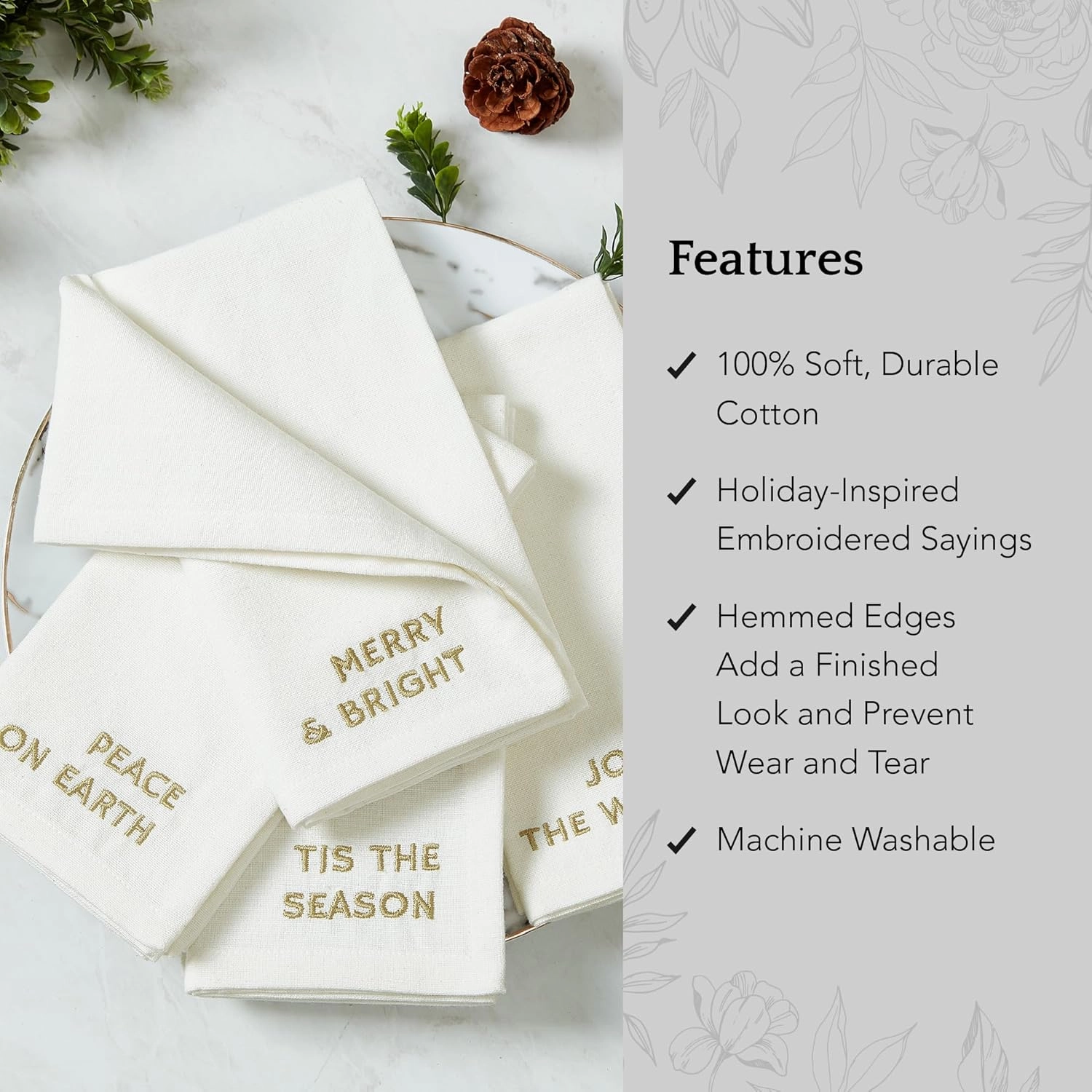Elrene Home Fashions Joyful Holiday Sentiment Embroidered Napkins, Set of 4, 17"x17", White