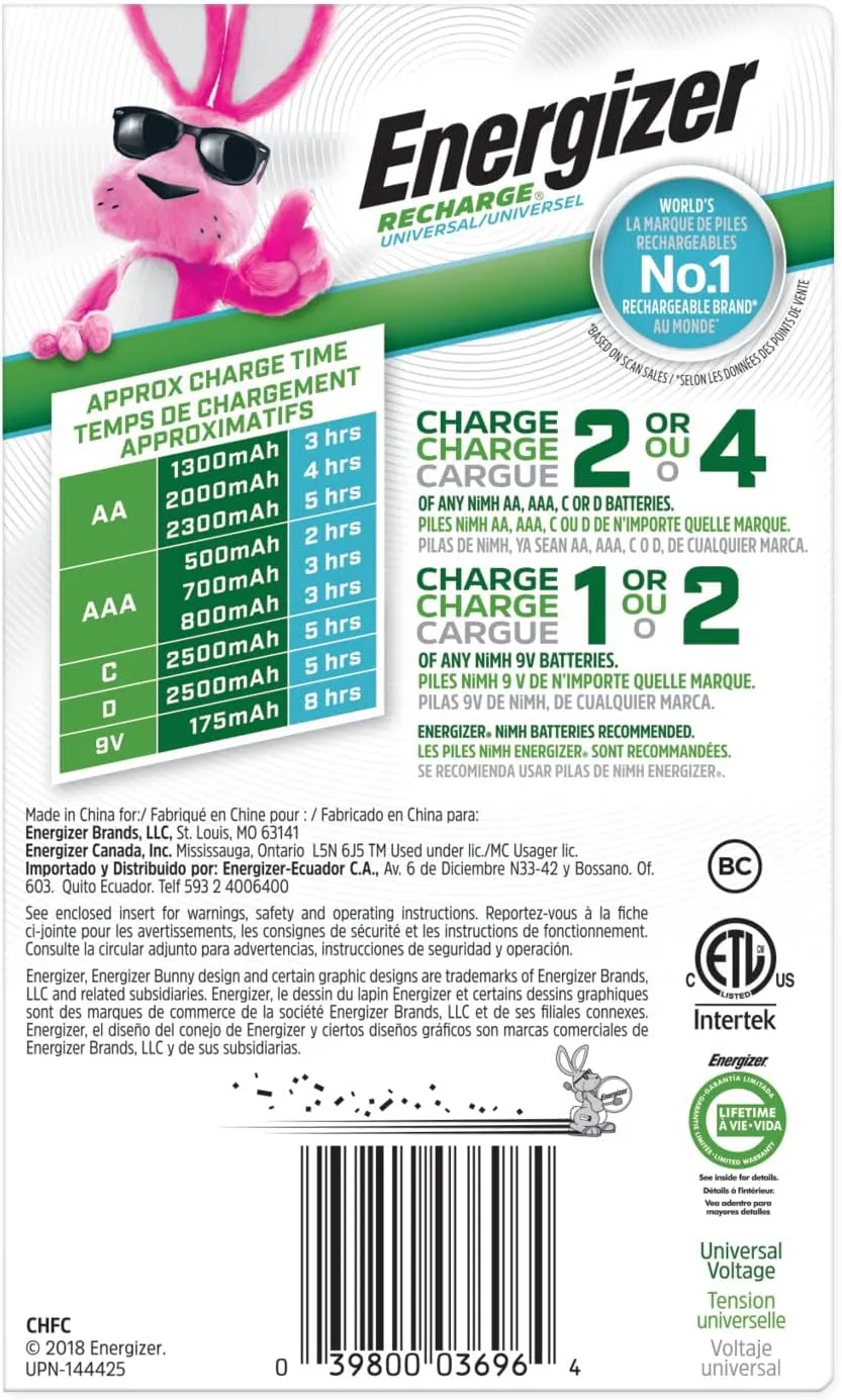Energizer Rechargeable Battery Charger for C Cell, D Cell, AA, AAA, and 9V Rechargeable Batteries