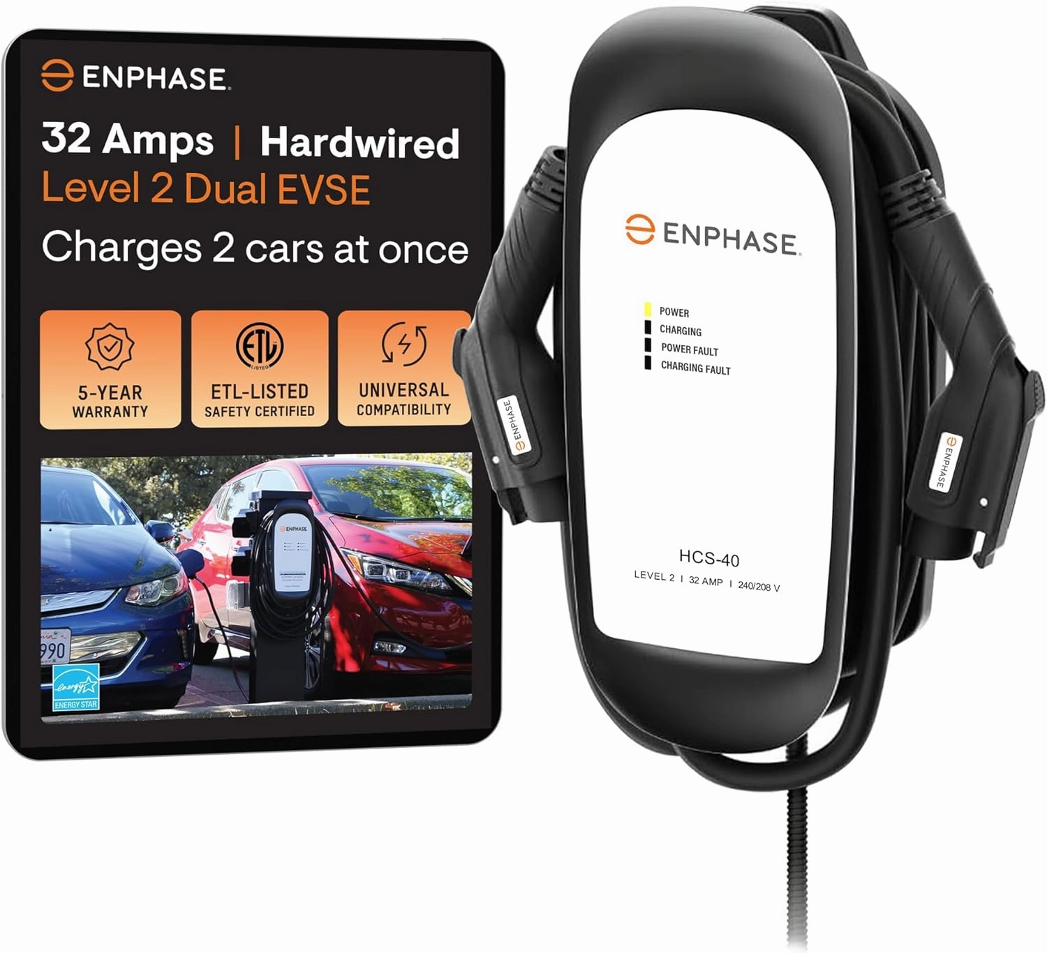 Enphase Level 2 Dual EV Charger, Safety Certified, 32 Amp, 240v, Hardwired, 25ft Cables, J1772, Compatible with US Electric Vehicles, HCS-D40 Home Electric Car Charging Station - formerly ClipperCreek
