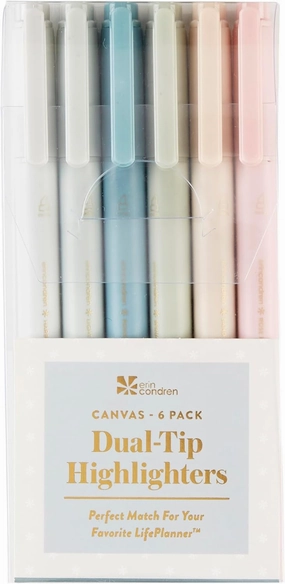 Erin Condren Dual-Tip Highlighters 6-pack - Canvas Asterisk | Dual-Tip Highlighter Ink | Perfect for Decorating, Color-Coding, and Highlighting