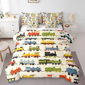 Erosebridal Kids Train Comforter Set - Twin Size for Boys & Girls - Colorful Steam Engine Bedding Sets - Cartoon Train Transportation Locomotive Train Bed in A Bag 7 Pieces Bed Set