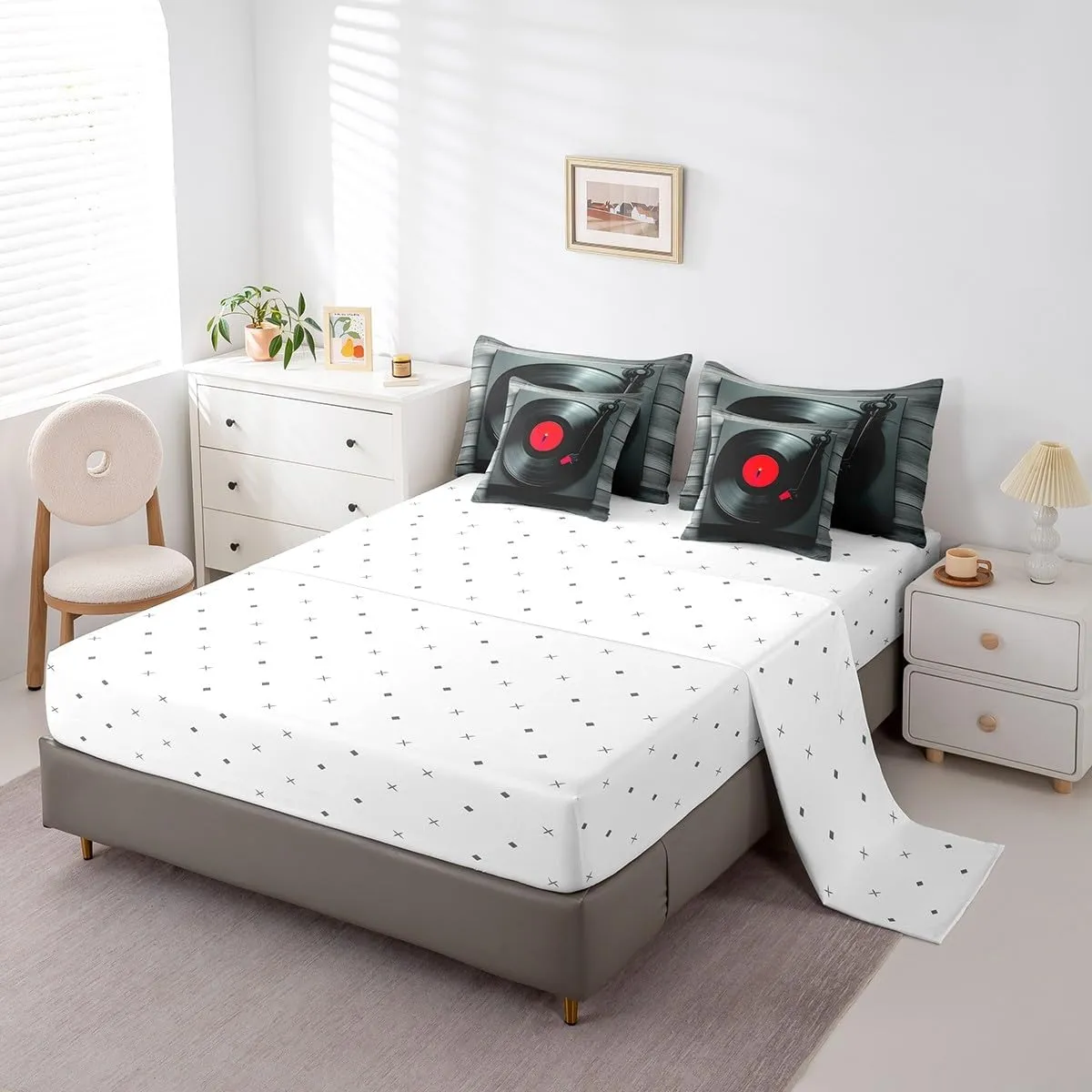 Erosebridal Music Theme Comforter 7 Pieces Musical Cd Disc Bedding Set Full,Music Instrument Print Bed in A Bag,Jazz Music for Home Bedding Comforters,Black