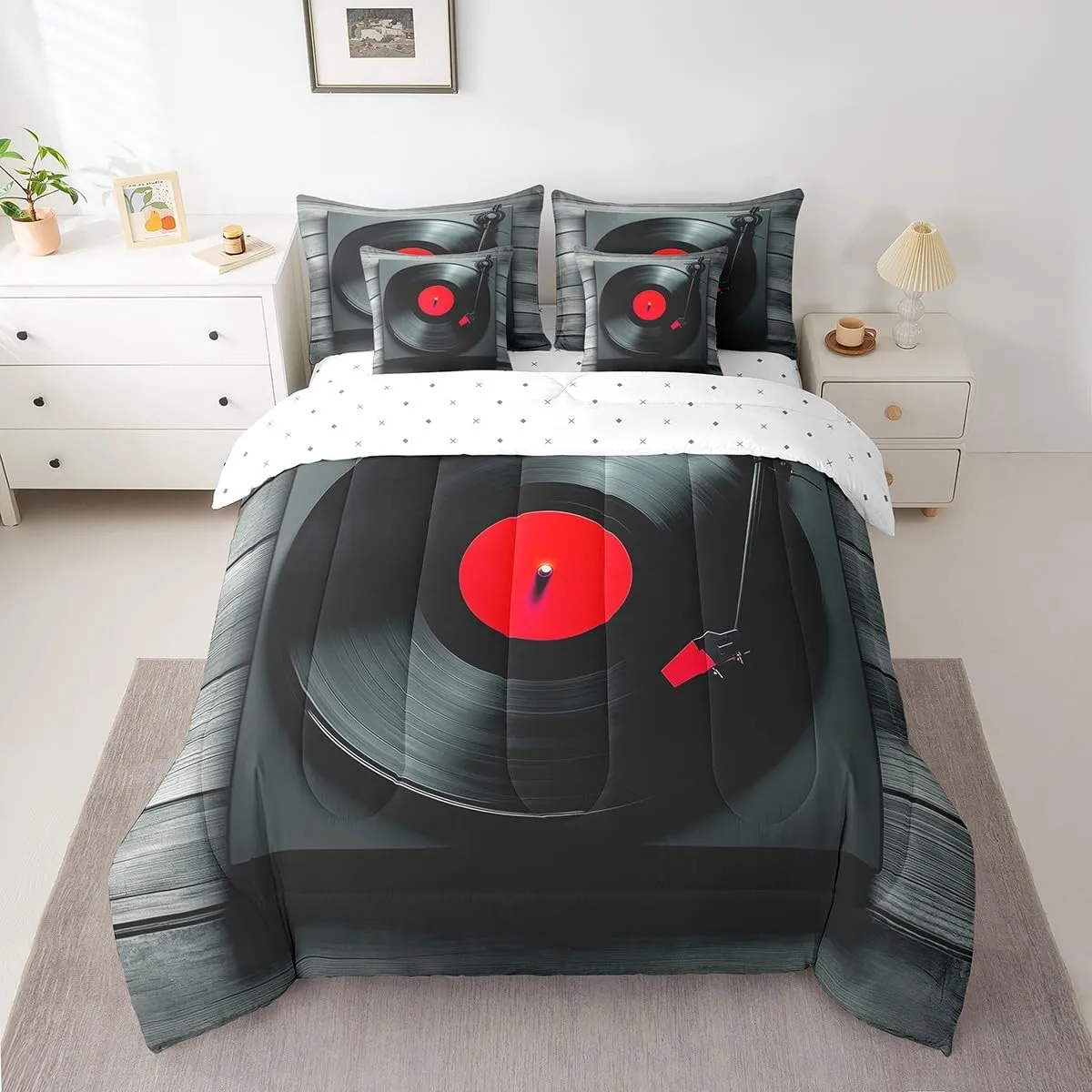Erosebridal Music Theme Comforter 7 Pieces Musical Cd Disc Bedding Set Full,Music Instrument Print Bed in A Bag,Jazz Music for Home Bedding Comforters,Black