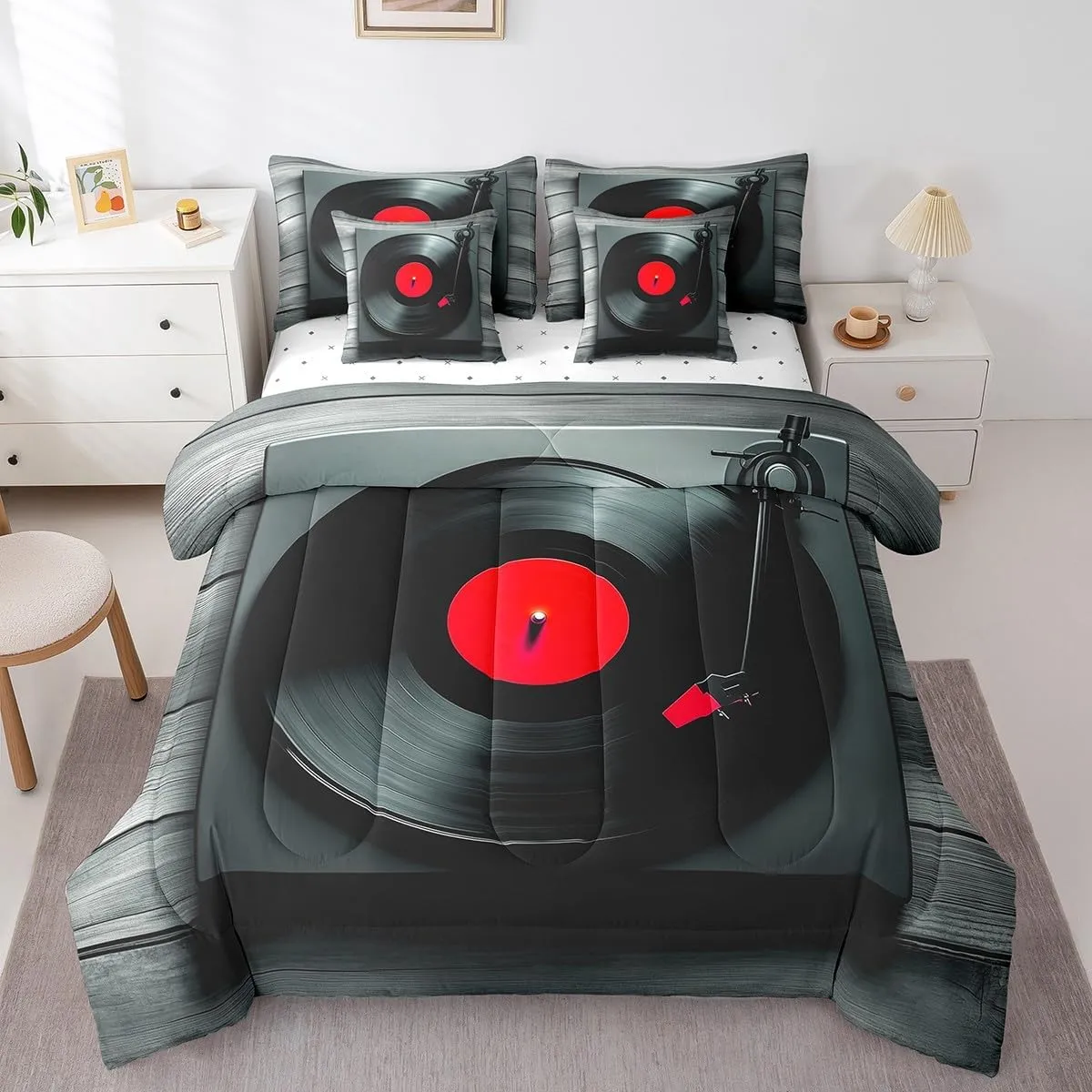 Erosebridal Music Theme Comforter 7 Pieces Musical Cd Disc Bedding Set Full,Music Instrument Print Bed in A Bag,Jazz Music for Home Bedding Comforters,Black