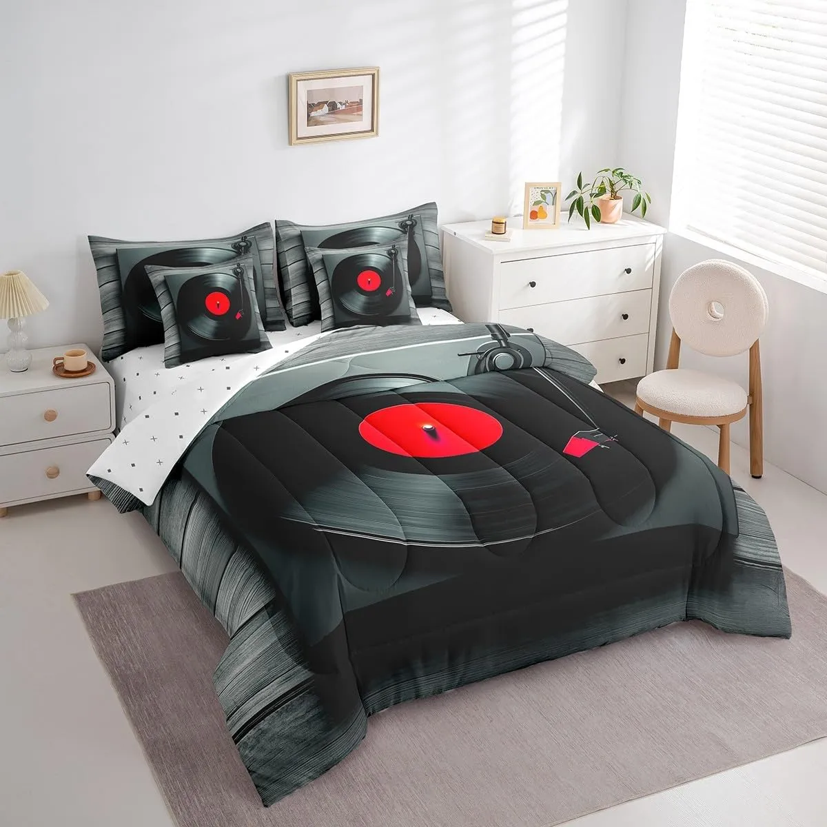 Erosebridal Music Theme Comforter 7 Pieces Musical Cd Disc Bedding Set Full,Music Instrument Print Bed in A Bag,Jazz Music for Home Bedding Comforters,Black