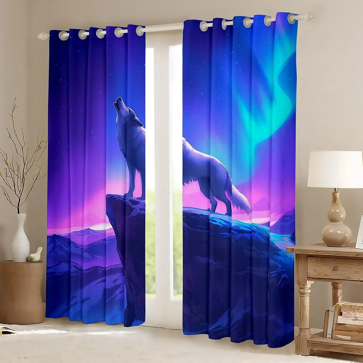 Erosebridal Wolf Kids 38" Wx45 L 2 Panels Curtains,Nebula Galaxy Blackout Curtains Western Wolves Curtains & Drapes Mountain Magical Animals Window Treatments,Purple Blue