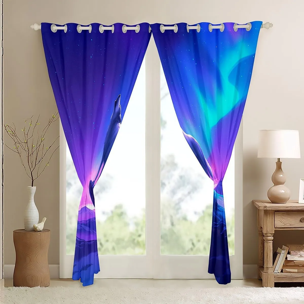 Erosebridal Wolf Kids 38" Wx45 L 2 Panels Curtains,Nebula Galaxy Blackout Curtains Western Wolves Curtains & Drapes Mountain Magical Animals Window Treatments,Purple Blue