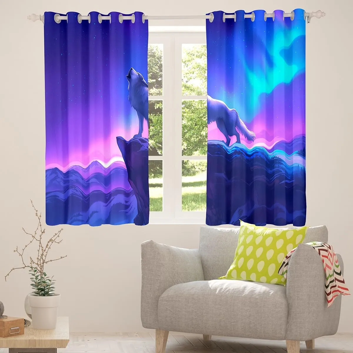 Erosebridal Wolf Kids 38" Wx45 L 2 Panels Curtains,Nebula Galaxy Blackout Curtains Western Wolves Curtains & Drapes Mountain Magical Animals Window Treatments,Purple Blue