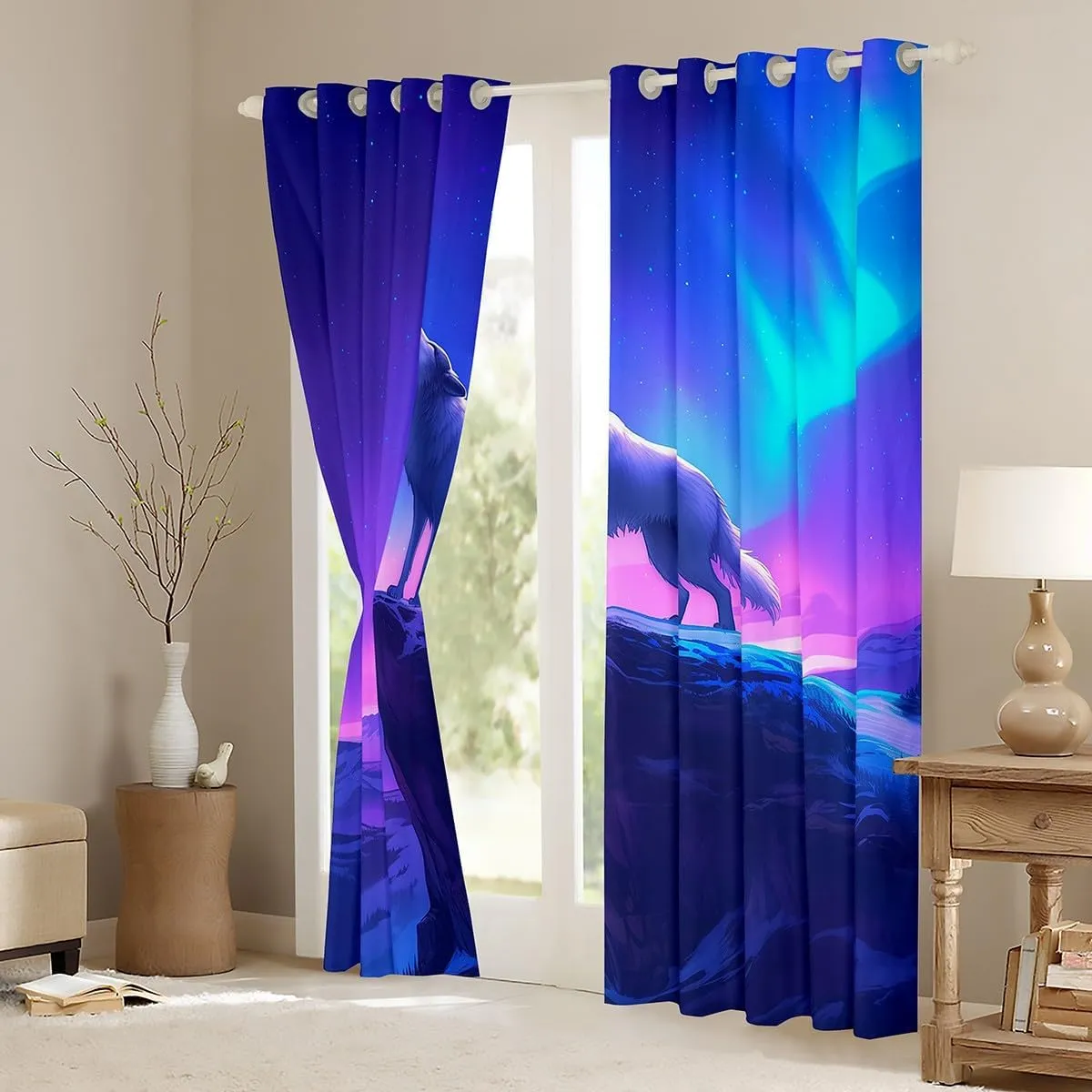 Erosebridal Wolf Kids 38" Wx45 L 2 Panels Curtains,Nebula Galaxy Blackout Curtains Western Wolves Curtains & Drapes Mountain Magical Animals Window Treatments,Purple Blue
