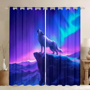 Erosebridal Wolf Kids 38" Wx45 L 2 Panels Curtains,Nebula Galaxy Blackout Curtains Western Wolves Curtains & Drapes Mountain Magical Animals Window Treatments,Purple Blue