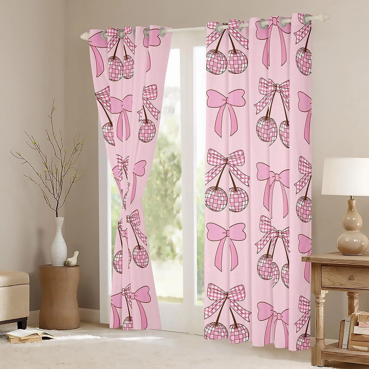 Erosebridal Cute Pink Bow Tie Curtains,Funky Groovy Disco Ball Kawaii Curtains for Kids Girls Living Room Decor,Bowtie Cherry Curtains Princess Girly Window Curtains 2 Panels 42" Wx90 L