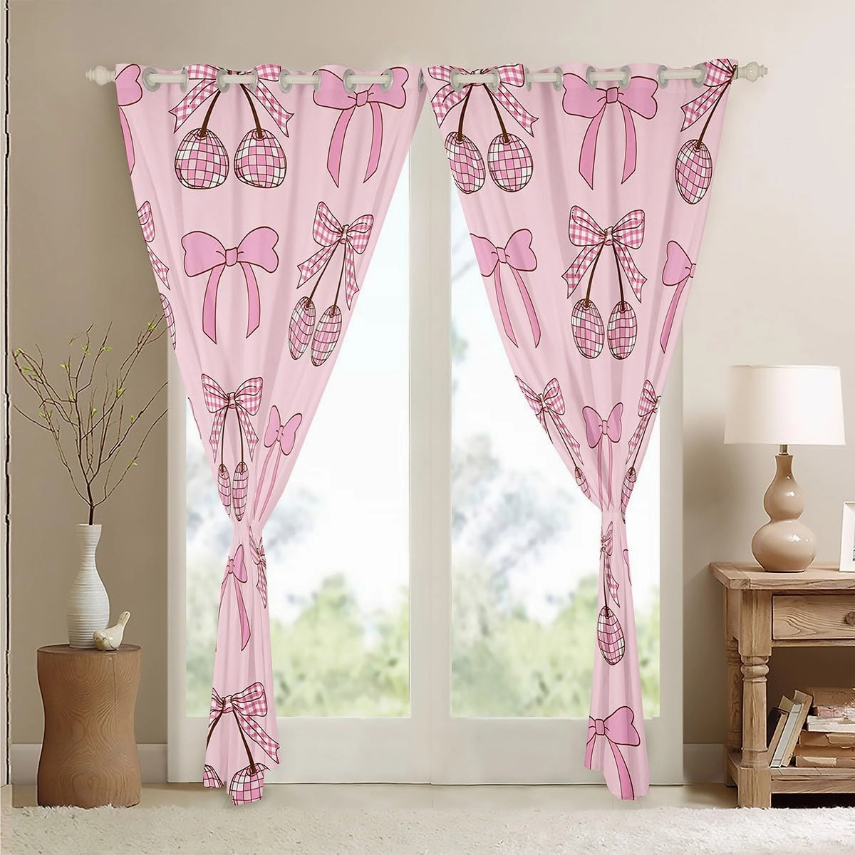 Erosebridal Cute Pink Bow Tie Curtains,Funky Groovy Disco Ball Kawaii Curtains for Kids Girls Living Room Decor,Bowtie Cherry Curtains Princess Girly Window Curtains 2 Panels 42" Wx90 L