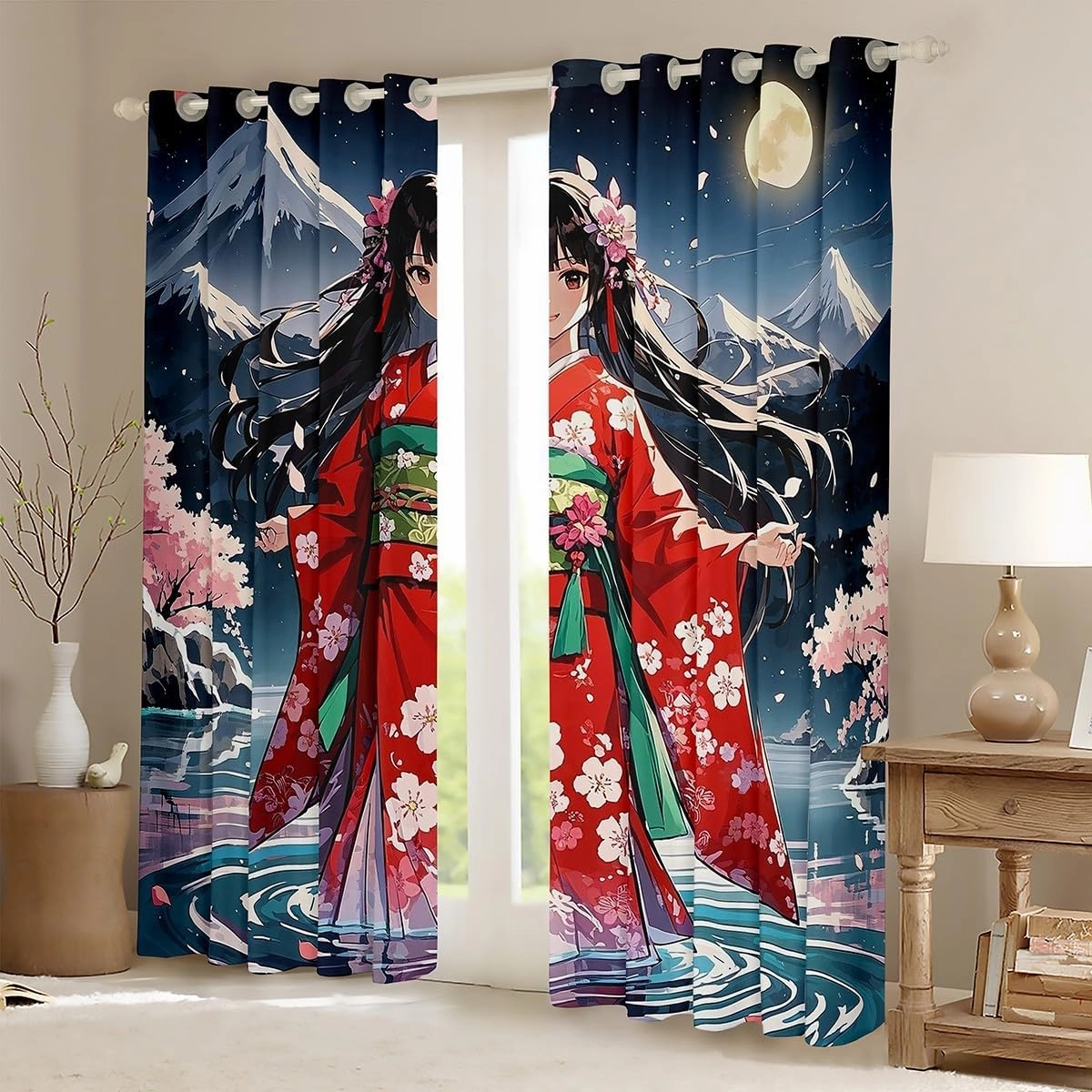 Erosebridal Japanese Anime Girl Curtains & Drapes,Pink Cherry Blossom 30%-50% Blackout Curtains for Girls Kids,Mountain Themed Bedroom Decor,Japanese Style Window Treatments 2 Panels 38 x 54 Inch
