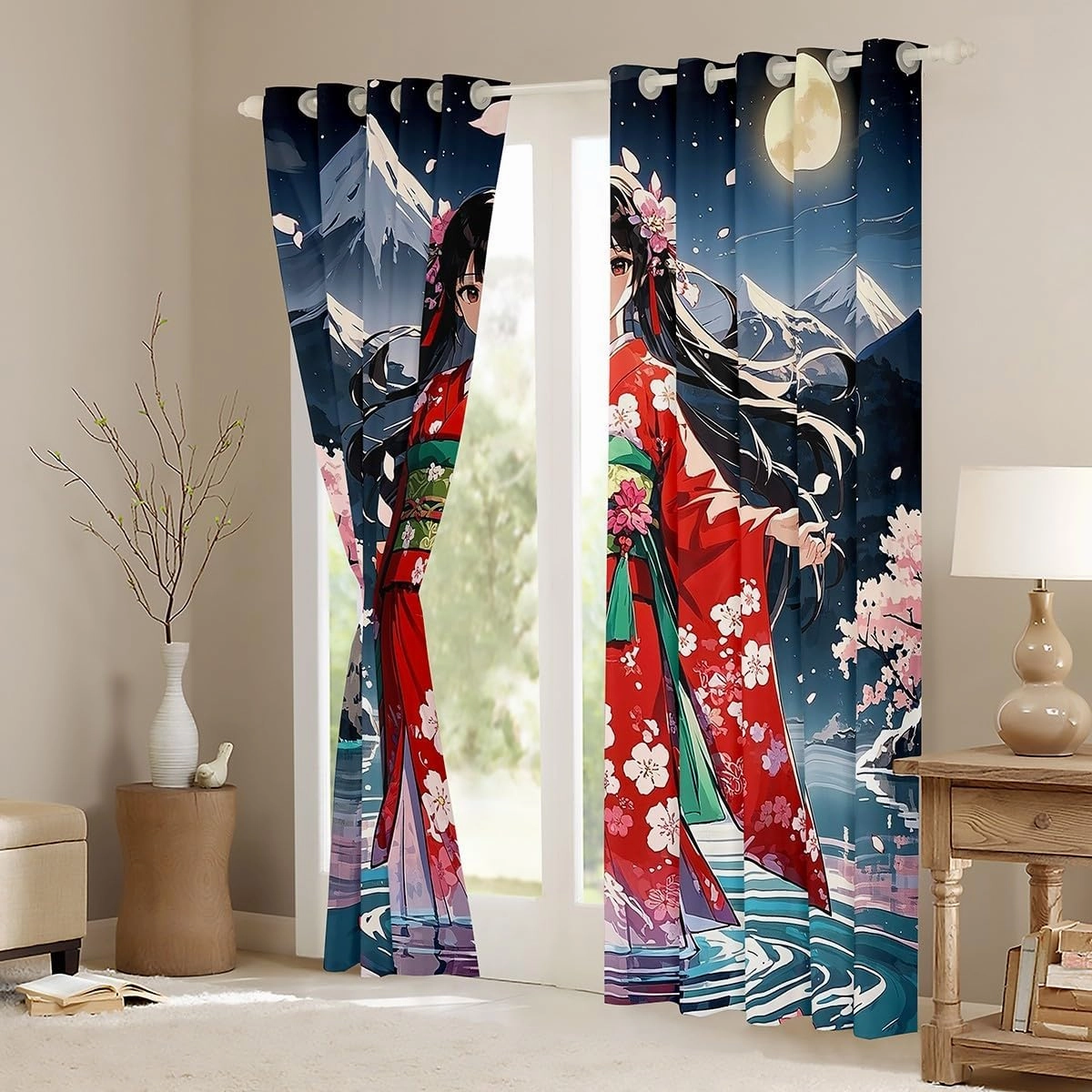 Erosebridal Japanese Anime Girl Curtains & Drapes,Pink Cherry Blossom 30%-50% Blackout Curtains for Girls Kids,Mountain Themed Bedroom Decor,Japanese Style Window Treatments 2 Panels 38 x 54 Inch