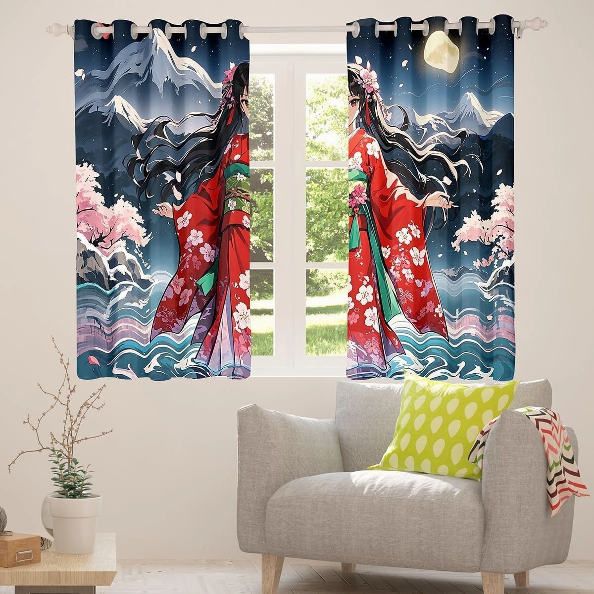 Erosebridal Japanese Anime Girl Curtains & Drapes,Pink Cherry Blossom 30%-50% Blackout Curtains for Girls Kids,Mountain Themed Bedroom Decor,Japanese Style Window Treatments 2 Panels 38 x 54 Inch