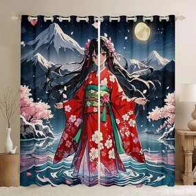 Erosebridal Japanese Anime Girl Curtains & Drapes,Pink Cherry Blossom 30%-50% Blackout Curtains for Girls Kids,Mountain Themed Bedroom Decor,Japanese Style Window Treatments 2 Panels 38 x 54 Inch