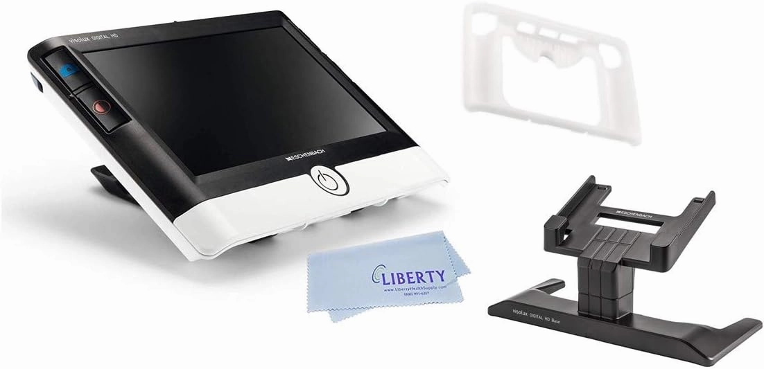 Eschenbach Visolux Digital HD Bundle with Bumper Case and Base- Advanced Portable Color Video Magnifier (7” LCD Screen with Anti-Glare Coating, HD Camera, & Built-in Stand) with Liberty Cleaning Cloth