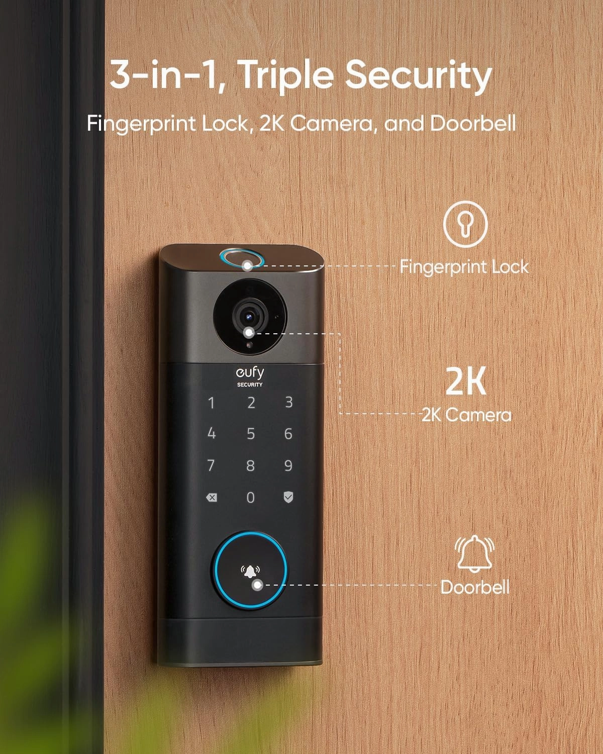 eufy Security Video Smart Lock S330, 3-in-1 Camera Doorbell Fingerprint Keyless Entry Door Lock, Smart Wi-Fi Deadbolt for Front Door, App Remote Control, SD Card Required, Chime Included