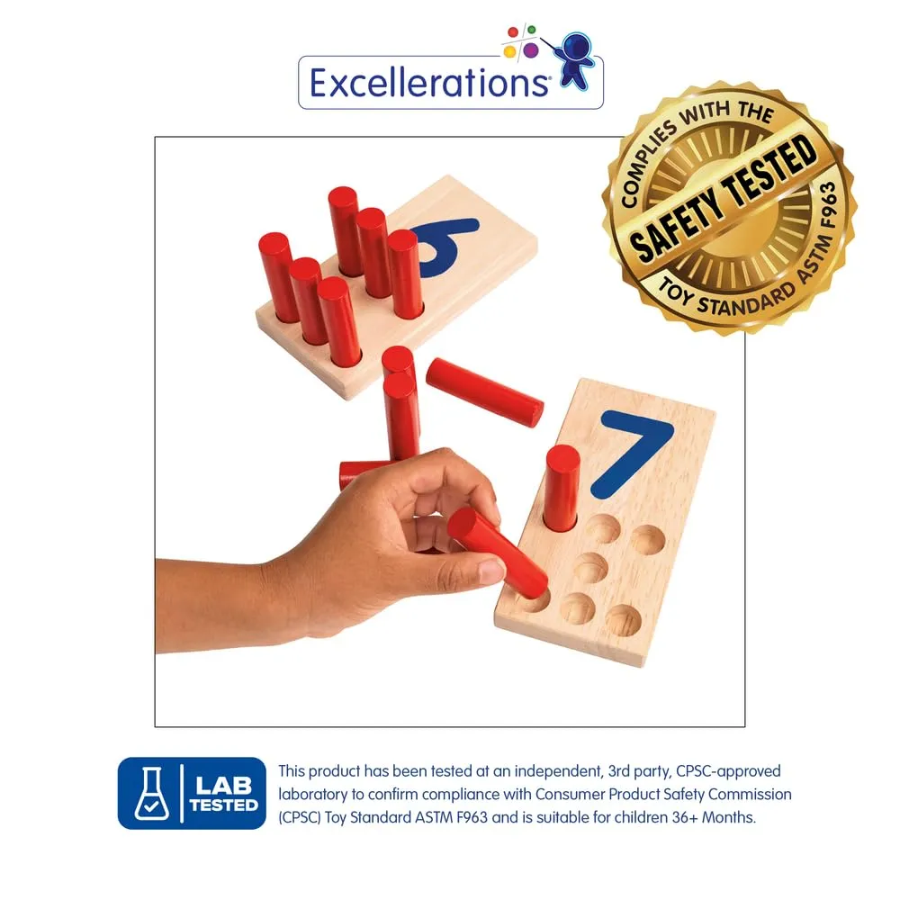 Excellerations Peg Number Board, Included: 10 Rubberwood Boards   55 Wood Pegs   Storage Bag, Montessori Math Materials, Learning Manipulatives, Counting for Kids, Reggio Emilia Classroom Essentials