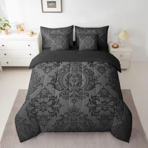 Feelyou Adults Black Vintage Damask Floral Bedding Set Oriental Antique Comforter Set 7 Pieces Comforters Queen Size Gothic Bohemia Boho FloralBohemian Exotic Bed in a Bag