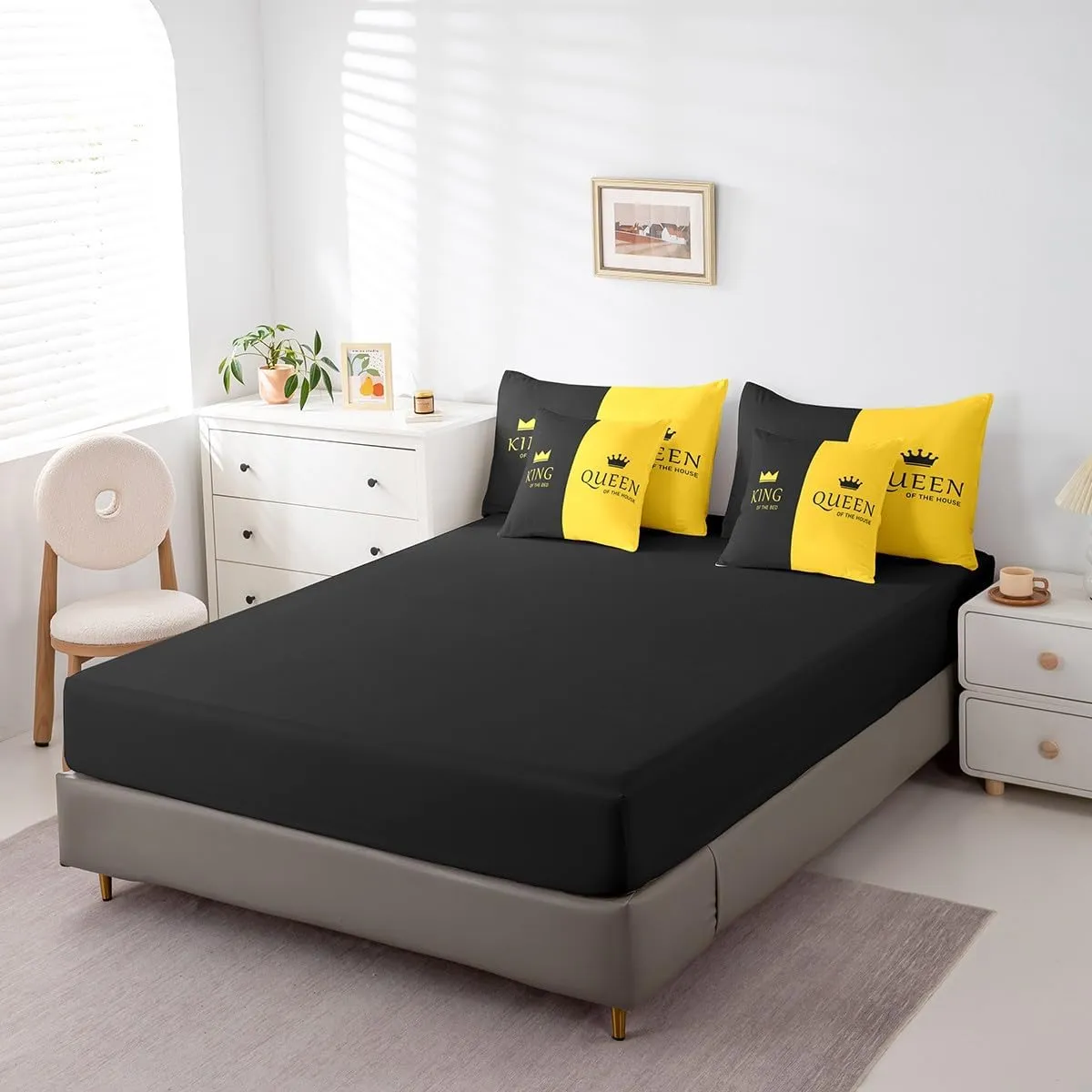 Feelyou Crown Queen King Queen Size 7 Piece Bedding Set, Couple Lover Bed Set Yellow Black Bed in a Bag Romantic Valentine's Day Bed Set Includes Comforter, Sheet Set, Pillowcases & Pillow Covers