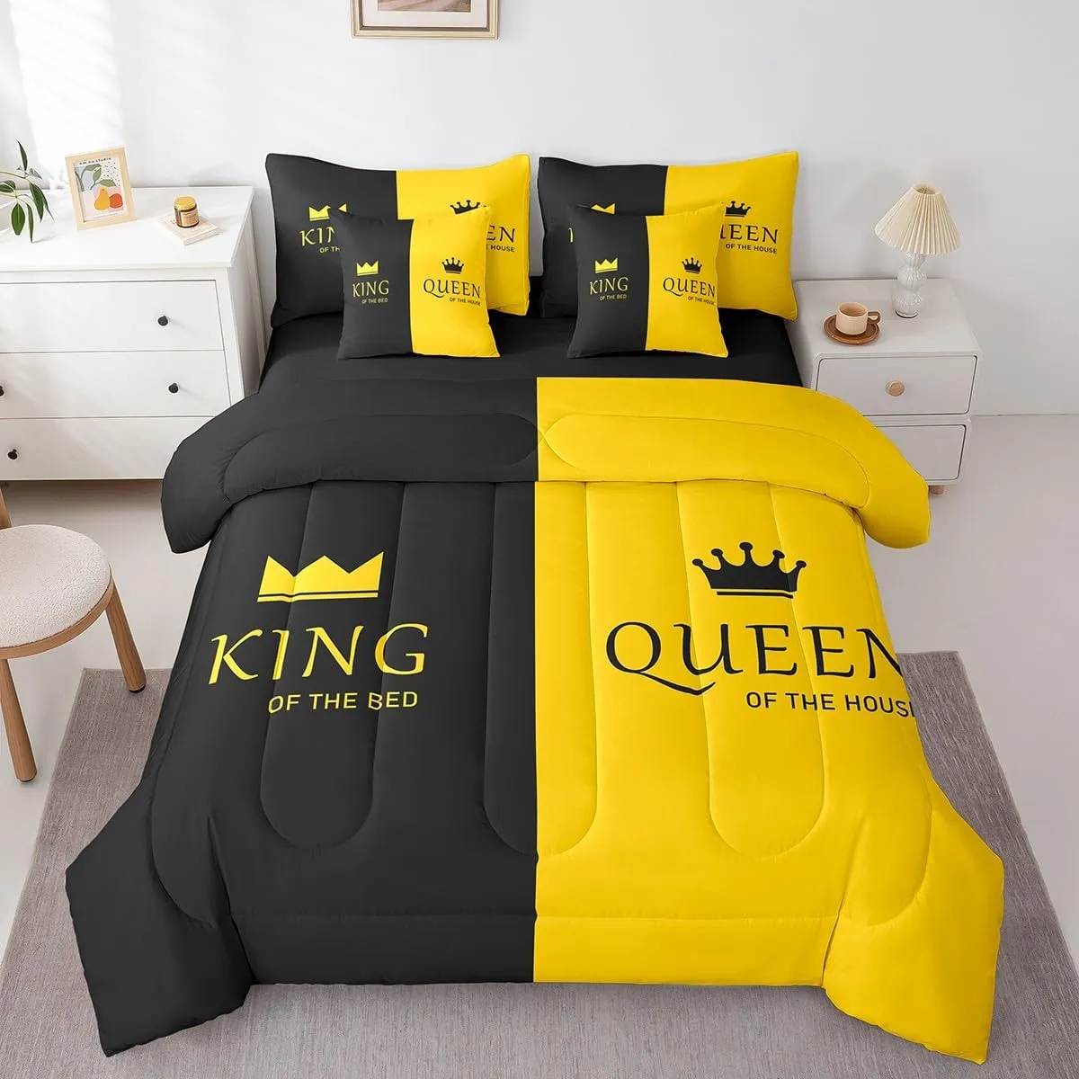 Feelyou Crown Queen King Queen Size 7 Piece Bedding Set, Couple Lover Bed Set Yellow Black Bed in a Bag Romantic Valentine's Day Bed Set Includes Comforter, Sheet Set, Pillowcases & Pillow Covers