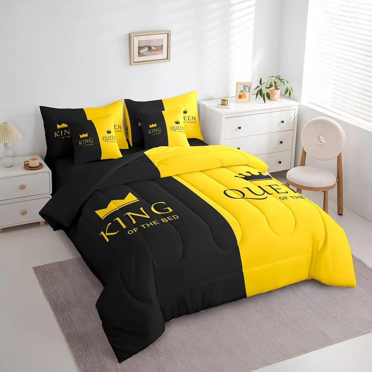 Feelyou Crown Queen King Queen Size 7 Piece Bedding Set, Couple Lover Bed Set Yellow Black Bed in a Bag Romantic Valentine's Day Bed Set Includes Comforter, Sheet Set, Pillowcases & Pillow Covers