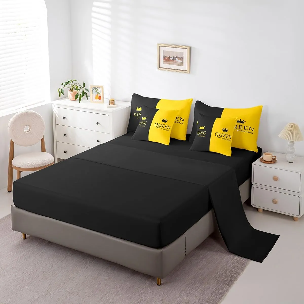 Feelyou Crown Queen King Queen Size 7 Piece Bedding Set, Couple Lover Bed Set Yellow Black Bed in a Bag Romantic Valentine's Day Bed Set Includes Comforter, Sheet Set, Pillowcases & Pillow Covers