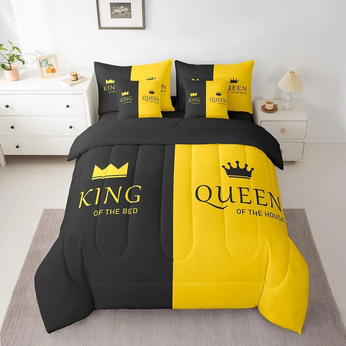 Feelyou Crown Queen King Queen Size 7 Piece Bedding Set, Couple Lover Bed Set Yellow Black Bed in a Bag Romantic Valentine's Day Bed Set Includes Comforter, Sheet Set, Pillowcases & Pillow Covers