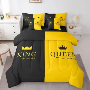 Feelyou Crown Queen King Queen Size 7 Piece Bedding Set, Couple Lover Bed Set Yellow Black Bed in a Bag Romantic Valentine's Day Bed Set Includes Comforter, Sheet Set, Pillowcases & Pillow Covers