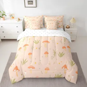 Feelyou Cute Mushroom Decor 7 Pieces Bedding Set Kids Cartoon Mushrooms Queen Comforter Set with Sheets Kawaii Fungus Bed in a Bag Room Decor Wild Mushroom Stuff Bed Set