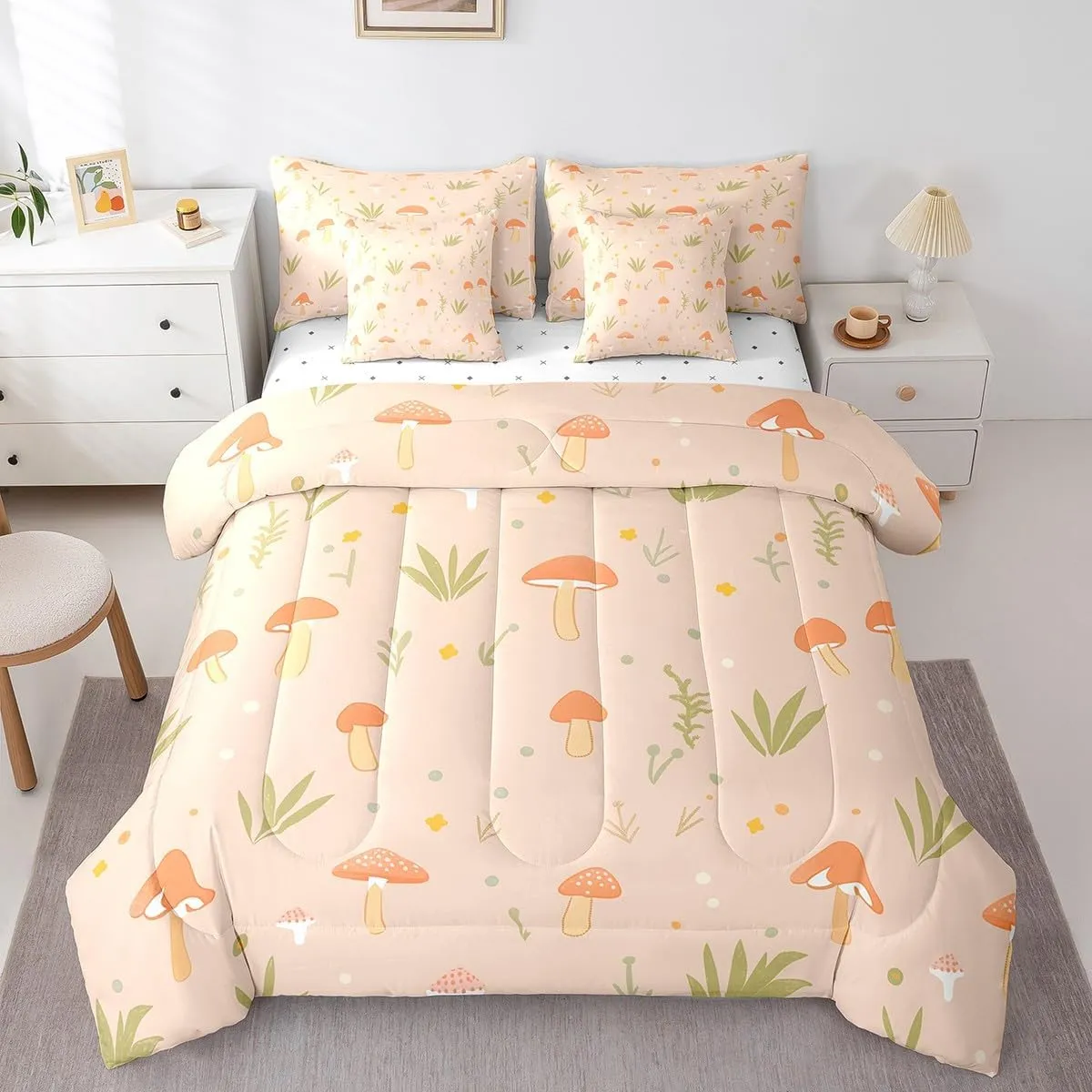 Feelyou Cute Mushroom Decor 7 Pieces Bedding Set Kids Cartoon Mushrooms Queen Comforter Set with Sheets Kawaii Fungus Bed in a Bag Room Decor Wild Mushroom Stuff Bed Set