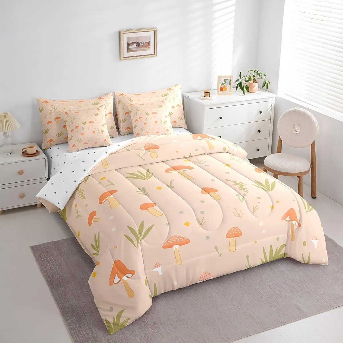 Feelyou Cute Mushroom Decor 7 Pieces Bedding Set Kids Cartoon Mushrooms Queen Comforter Set with Sheets Kawaii Fungus Bed in a Bag Room Decor Wild Mushroom Stuff Bed Set