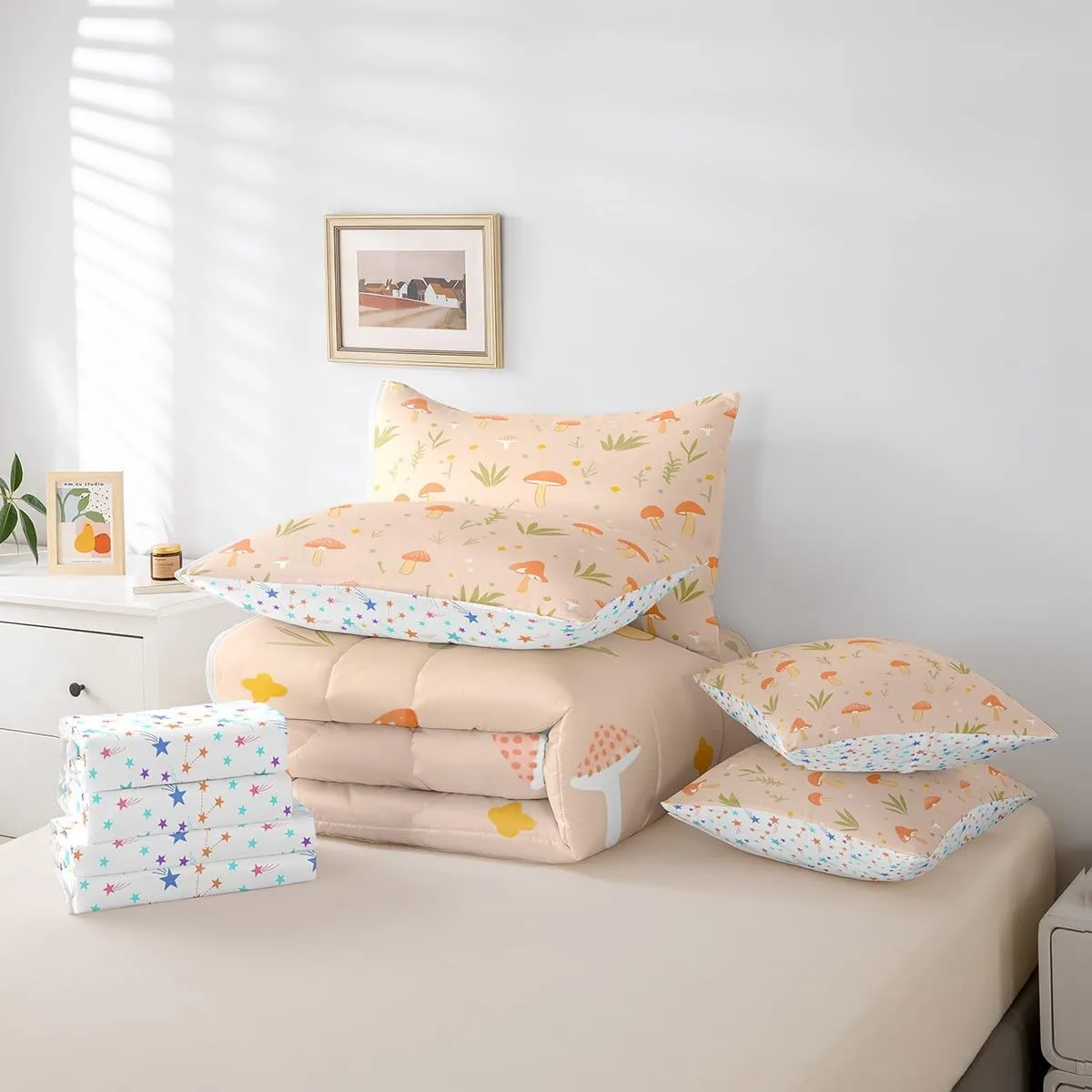 Feelyou Cute Mushroom Decor 7 Pieces Bedding Set Kids Cartoon Mushrooms Queen Comforter Set with Sheets Kawaii Fungus Bed in a Bag Room Decor Wild Mushroom Stuff Bed Set