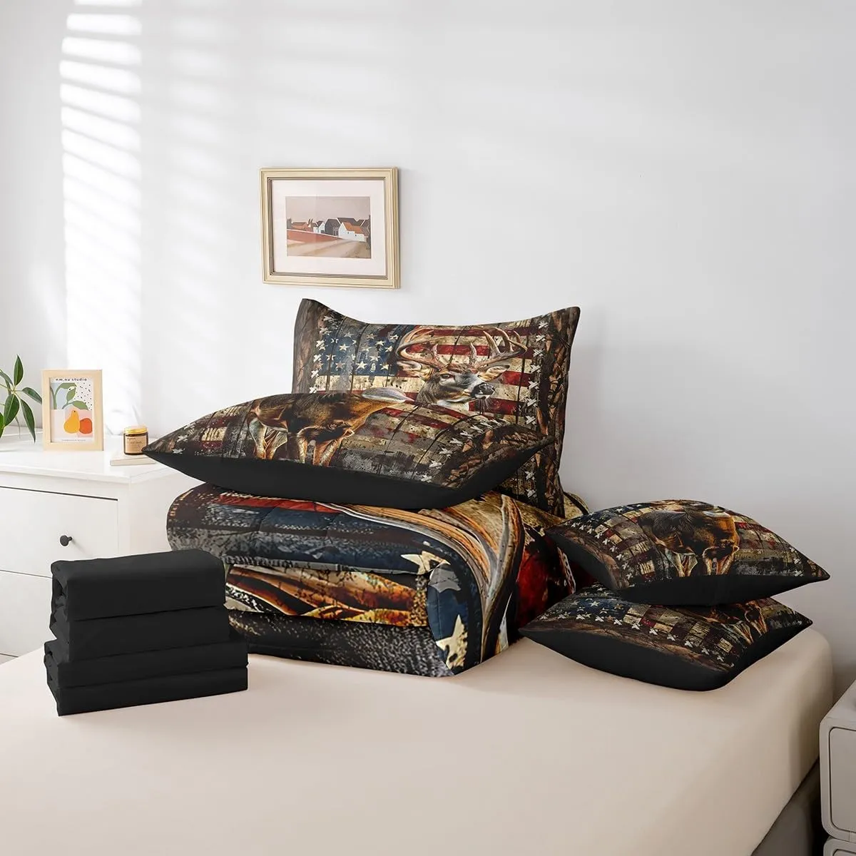 Feelyou Deer Hunting Comforter Set with Sheets American Flag 7 Piece Bedding Set King Size for Kids Boys Girls Wild Animal Deer Bed in a Bag Soft Down Bedding Comforters
