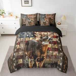Feelyou Deer Hunting Comforter Set with Sheets American Flag 7 Piece Bedding Set King Size for Kids Boys Girls Wild Animal Deer Bed in a Bag Soft Down Bedding Comforters